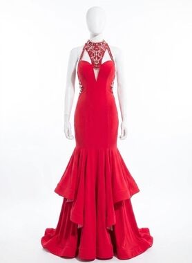 NEW RACHEL ALLAN beaded halter neck jersey prom gown in red